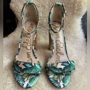 Sam Edelman Yaro Block Heel Basketweave Tropical Palm Print Sandals  7us or 37eu